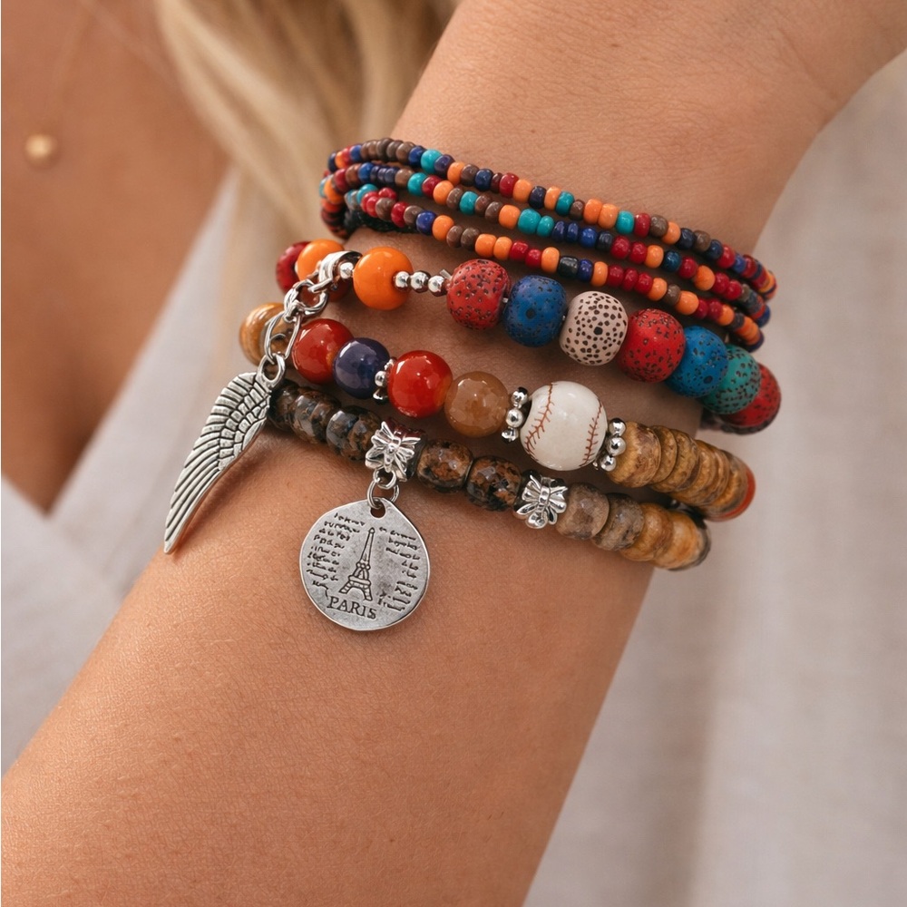 Boho Beaded Bracelet Bundle Angel Wing Paris Charms Multicolor Layered Stack